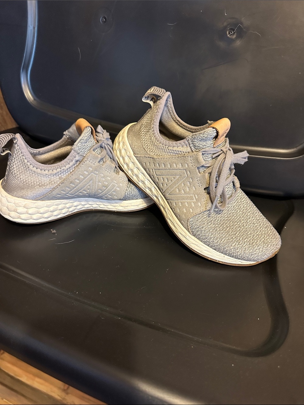 New Balance Women's Grey Knit Athletic Sneakers with Tan Heel Accent